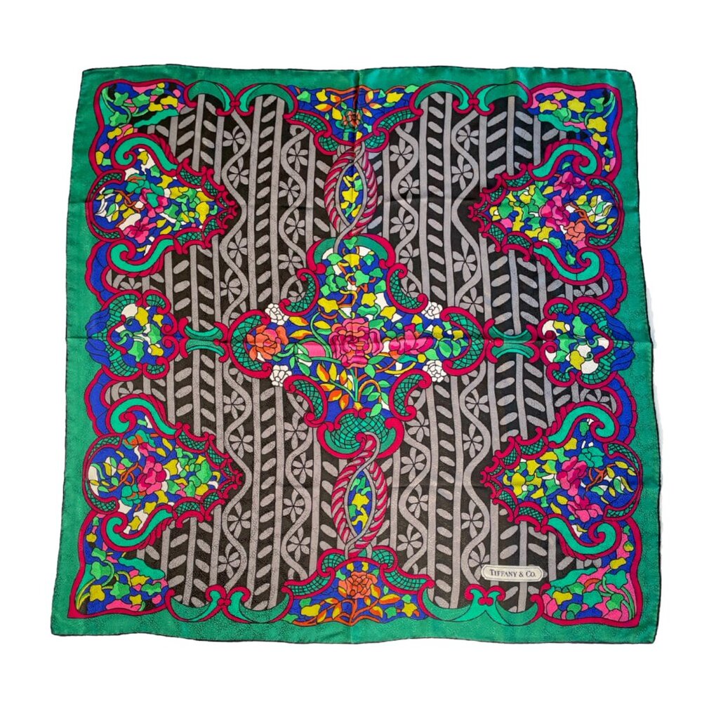Tiffany & Co. Vibrant Multicolor Floral Silk Scarf with Green Border